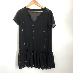 nameless Sheer Black Embellished Babydoll Mini Dress